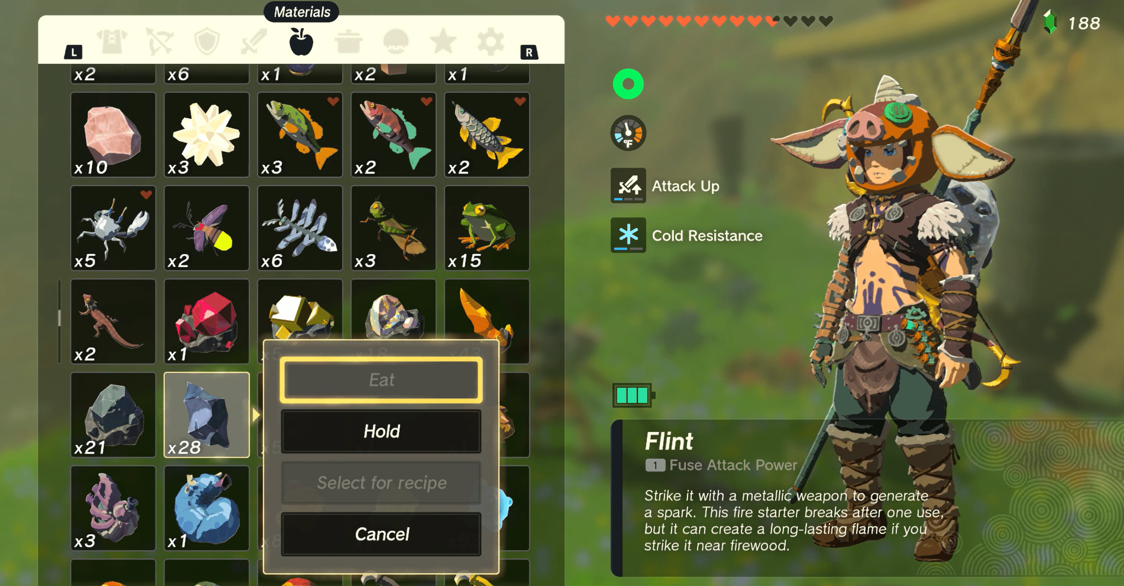 Legend of Zelda: Tears of the Kingdom menu screen, hovering over Flint