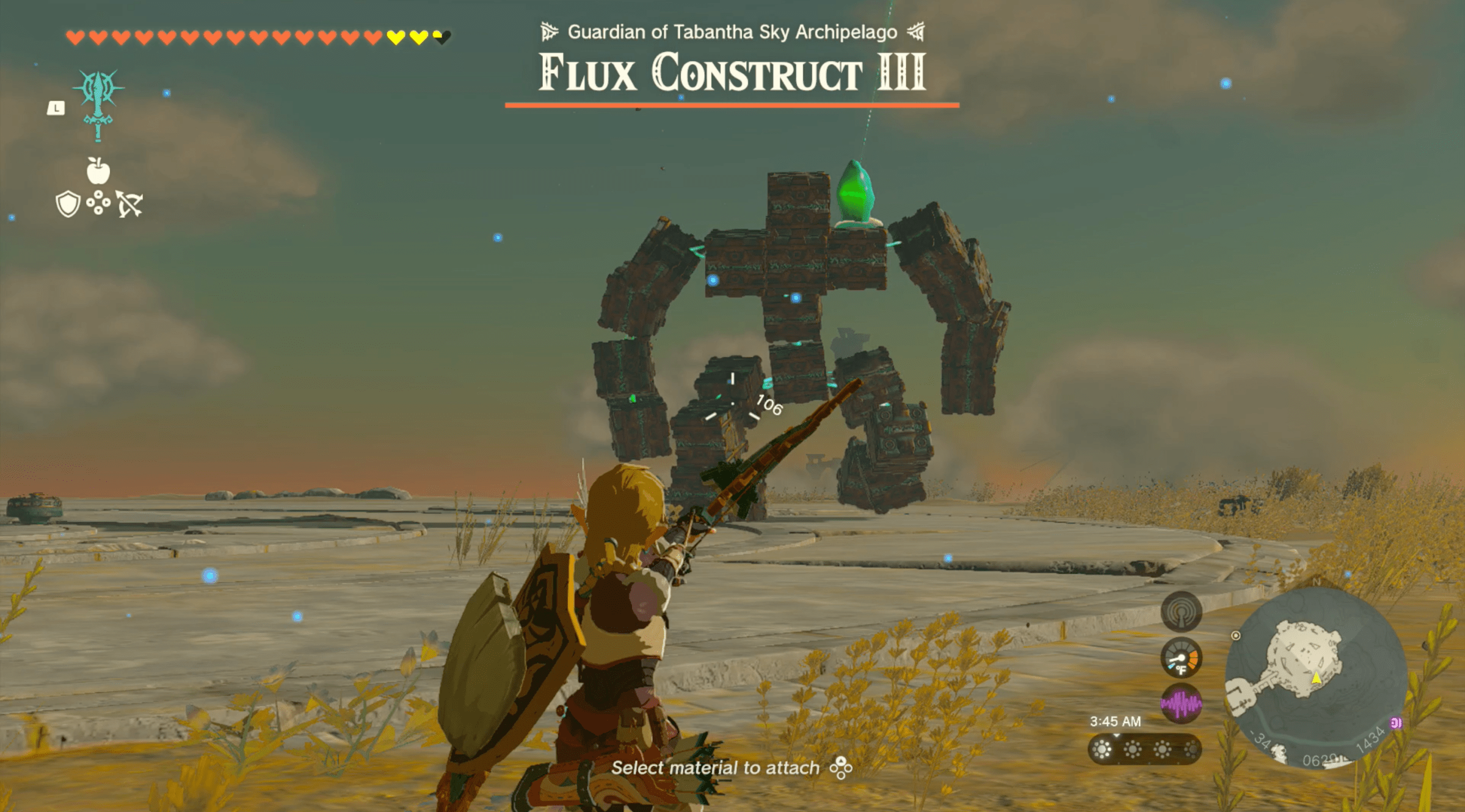Link aims an arrow at a Flux Contruct in The Legend of Zelda: Tears of the Kingdom. The boss looks like a bunch of cubes that form together to make a humanoid figure.