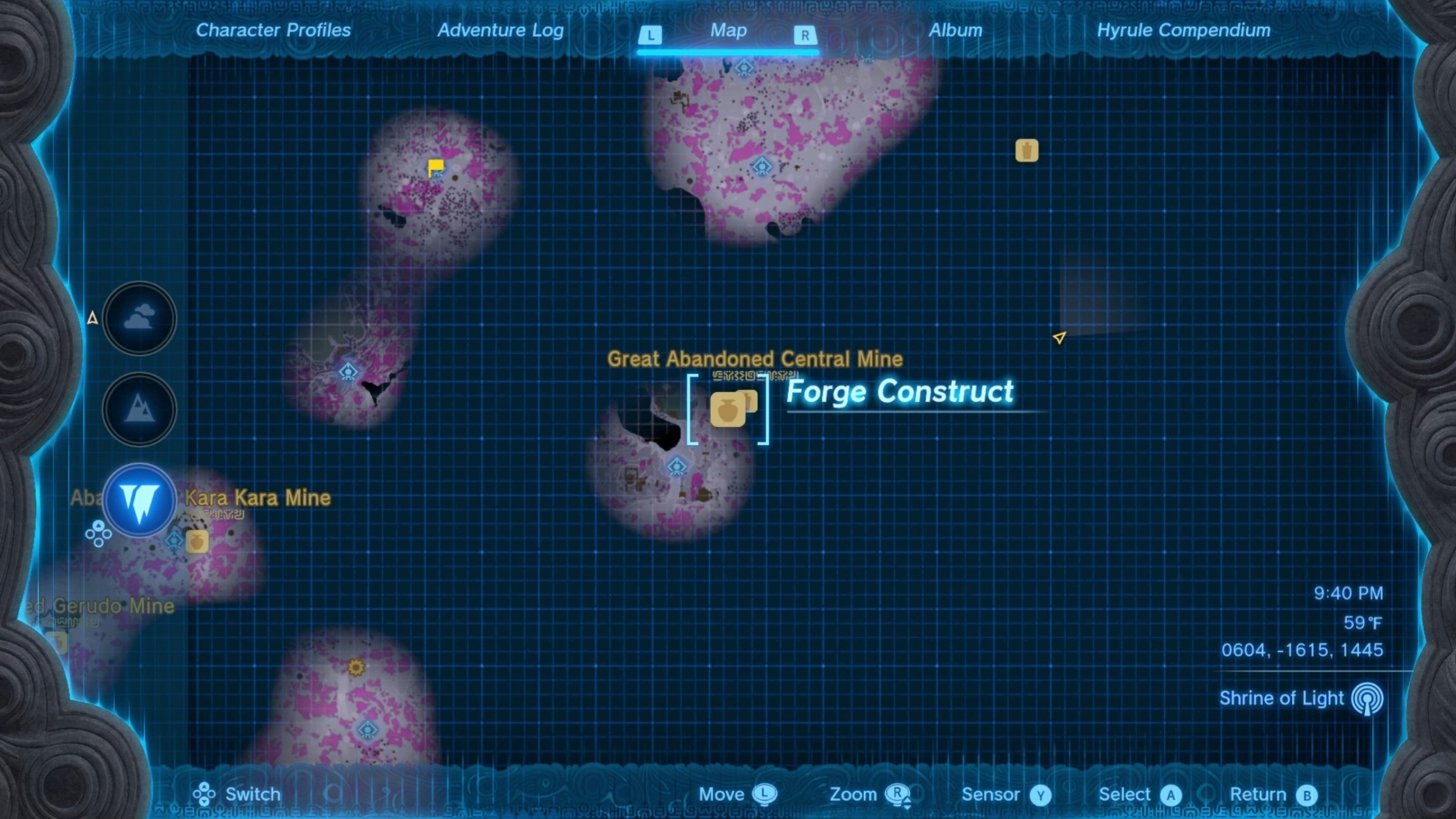 A forge construct icon, shown on the Purah Pad map, at the Great Abandoned Central Mine in the Depths in The Legend of Zelda: Tears of the Kingdom