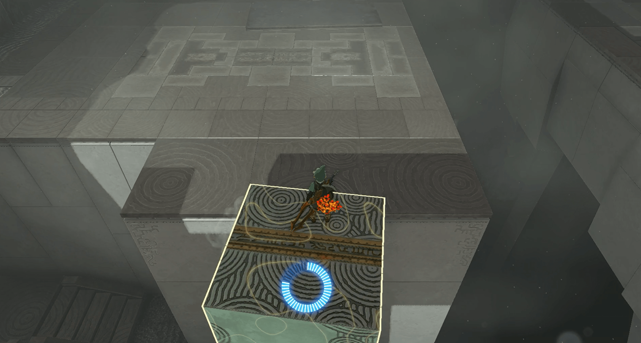 Link using Recall on a block to use it as an elevator in Zelda: Tears of the Kingdom.