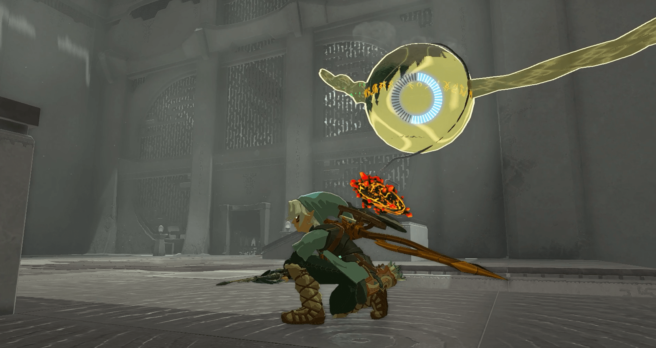 Link using Recall on a ball in a shrine in Zelda: Tears of the Kingdom