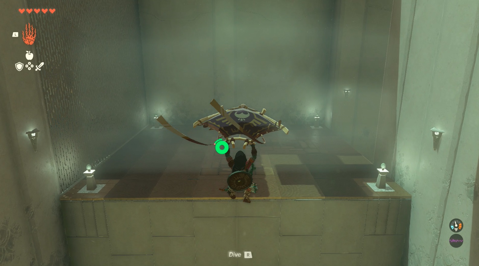 Link paraglides across a chasm in Zelda: Tears of the Kingdom’s Gatakis Shrine