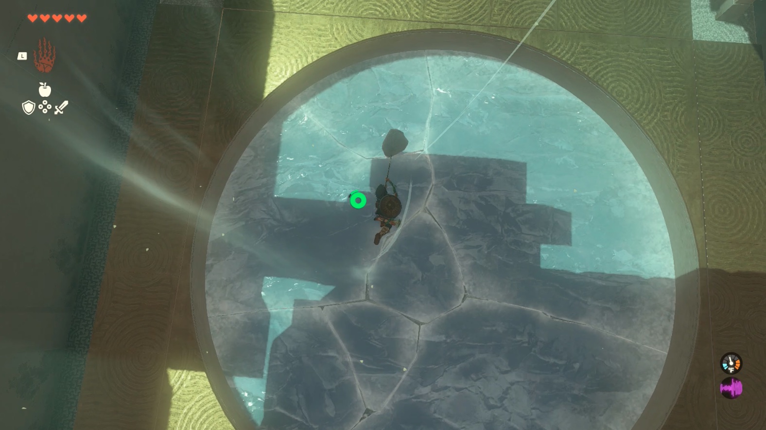 Link falls through and breaks ice in Zelda: Tears of the Kingdom’s Gatakis Shrine
