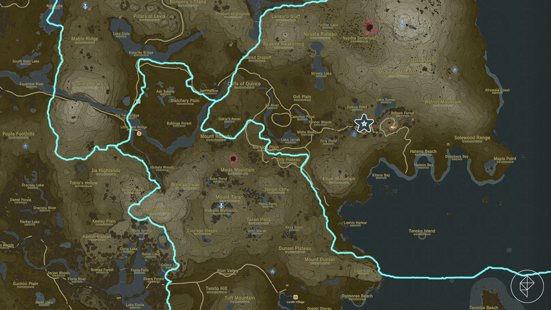 Map showing where Hateno Village is, on the southeastern corner of the map of Hyrule in Zelda: Tears of the Kingdom