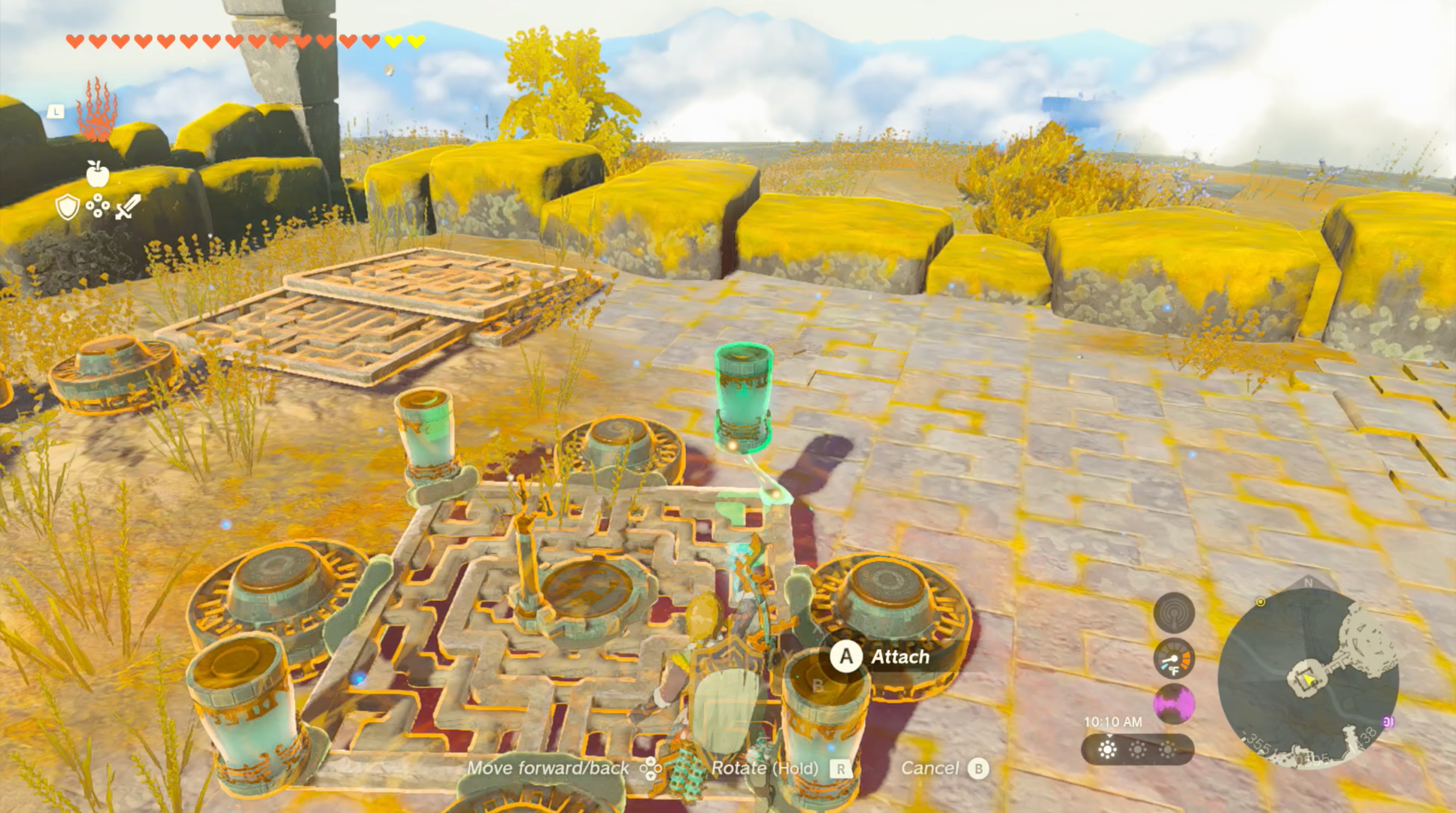 Link builds a hovercraft in The Legend of Zelda: Tears of the Kingdom. The base is a square metal slab. There are batteries in each corner and fans on each side of the square. There’s also a steering stick to pilot it.