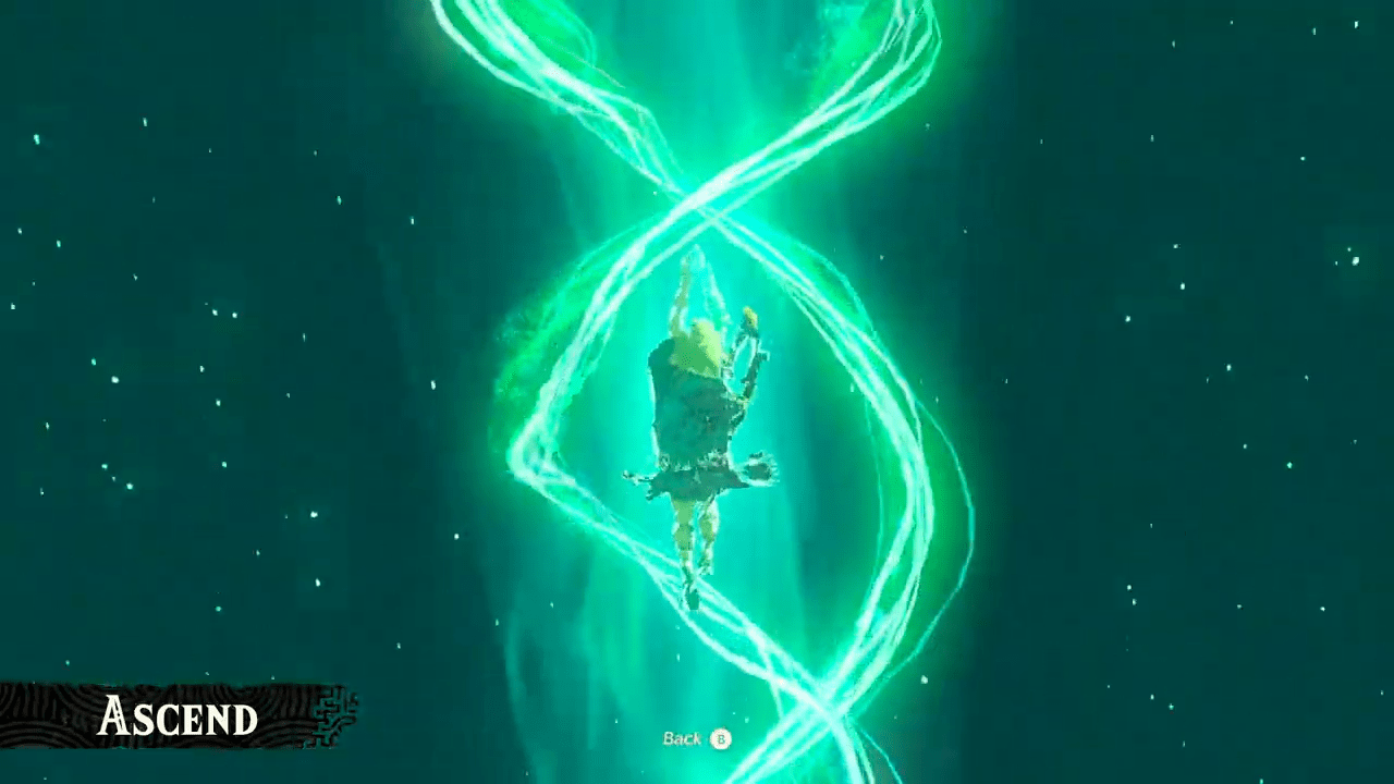 Link swims through a mountain, as green glows envelope him in The Legend of Zelda: Tears of the Kingdom