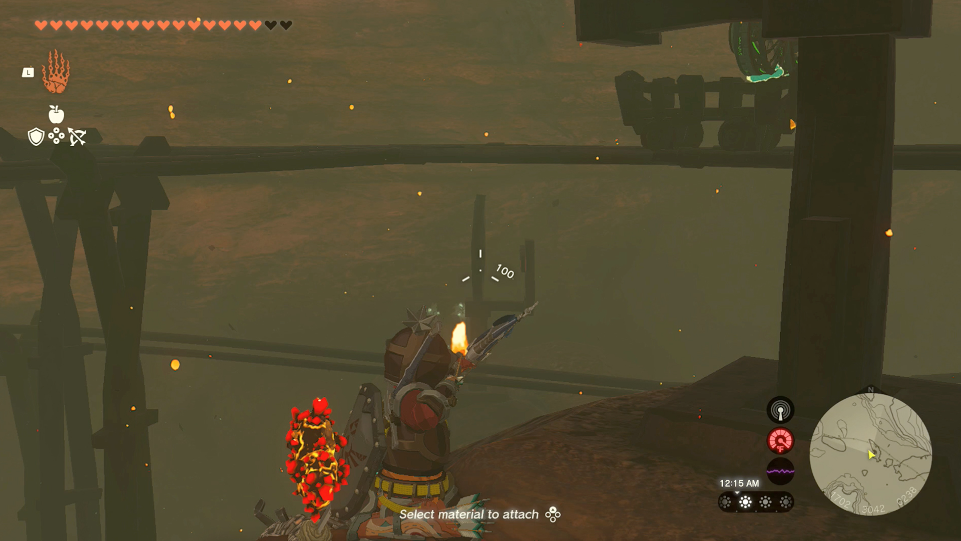 Link aims his bow and arrow at a rail switch sign in a screenshot from The Legend of Zelda: Tears of the Kingdom