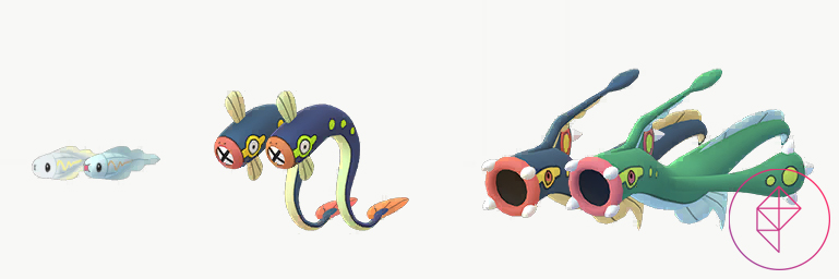 Shiny Tynamo, Eelektrik, and Eelektross with their regular forms. Shiny Tynamo turns a grey-blue, Eelektrik gets neon green-yellow accents, and Eelektross turns seaweed-green.