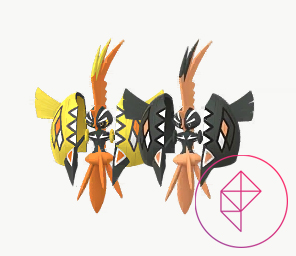 Shiny Tapu Koko with its normal version. Shiny Tapu Koko gets a black shell with light orange accents.