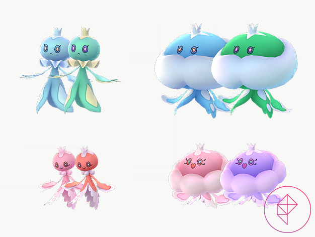 Both male and female Jellicent and Frillish with their shiny forms. Male Frillish and Jellicent turn green. Female Frillish turns red and female Jellicent turns purple.