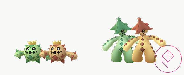 Shiny Cacnea and Cacturne with their regular forms in Pokémon Go, which both turn a golden yellow