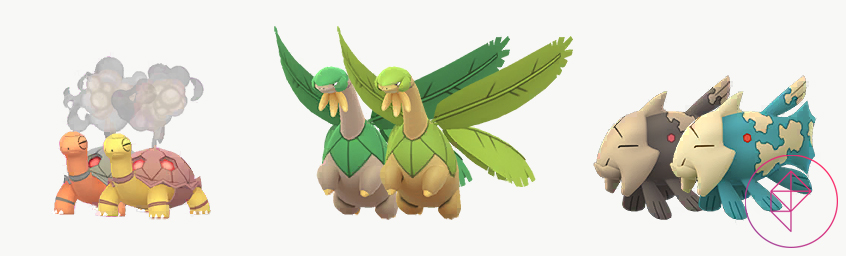 Shiny Torkoal, Tropius, and Relicanth with their regular versions. Shiny Torkoal is golden, Tropius is a lighter green, and Relicanth turns blue