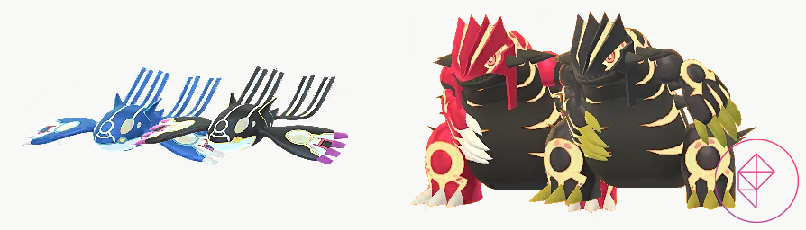 Shiny Primal Kyogre and Groudon in Pokémon Go. Both turn a dark grey/black with golden glowing accents