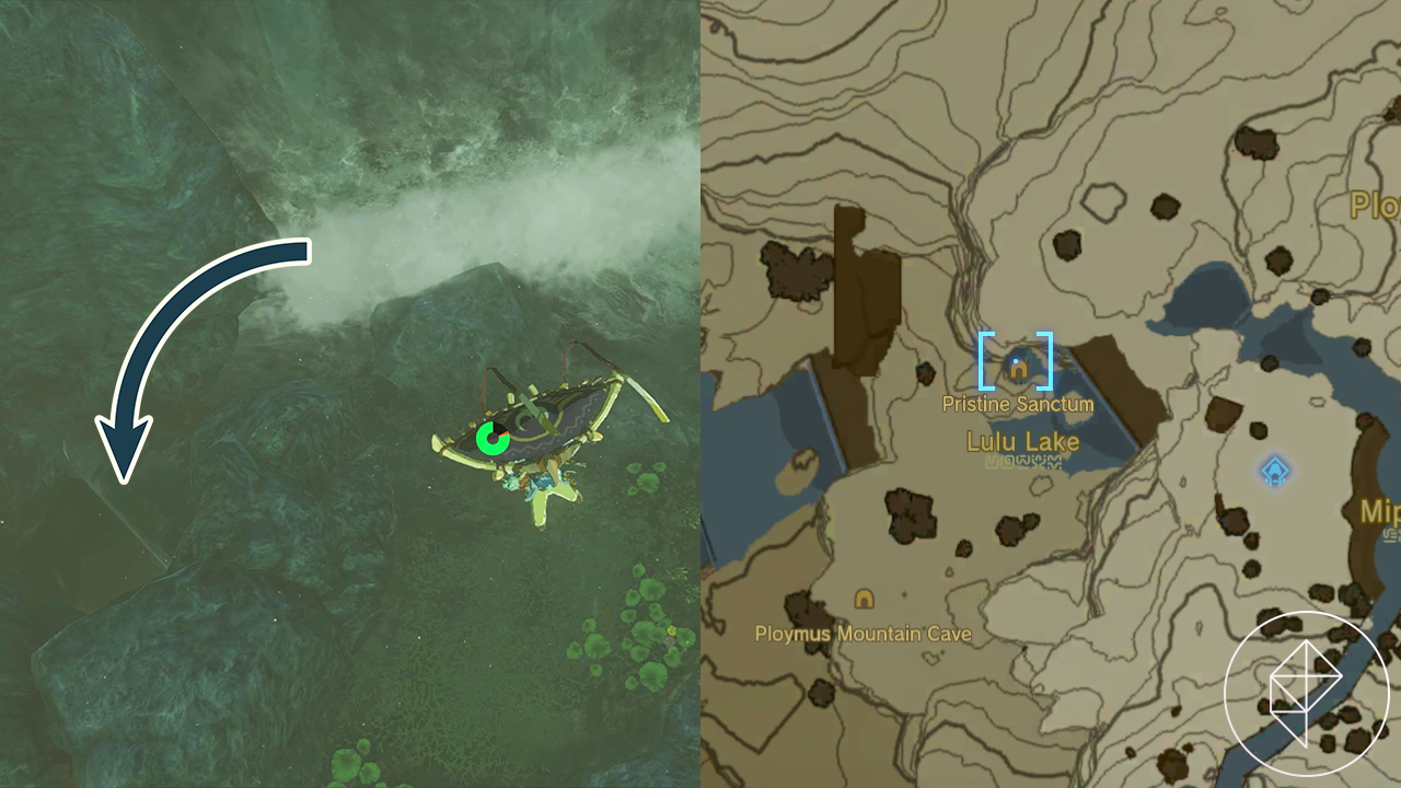 The Legend of Zelda: Tears of the Kingdom split image showing the entrance to King Dorephon’s hiding place and a map showing the location near Lulu Lake.