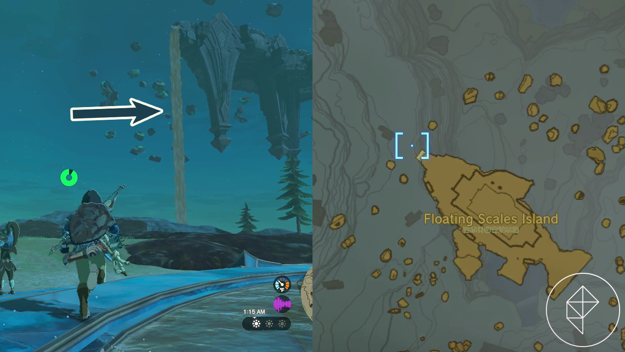 The Legend of Zelda: Tears of the Kingdom split image showing the location of the Floating Scales Island waterfall and a map showing the waterfall’s location.