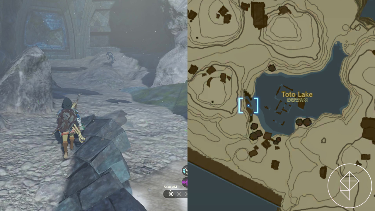 The Legend of Zelda: Tears of the Kingdom split image of Link approaching Jiahto’s cave and a map showing the cave’s location on the western edge of Toto Lake.