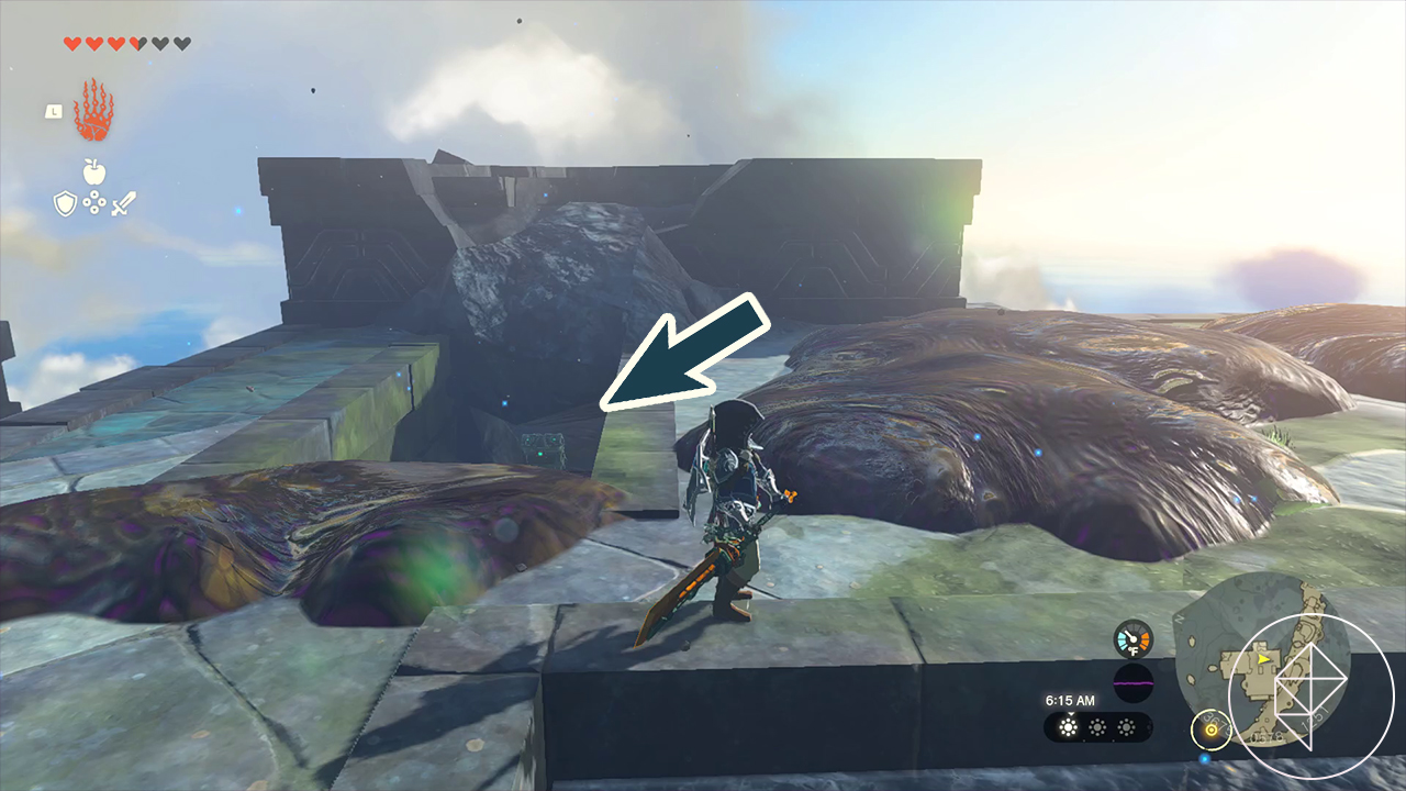 Link stands on a stone step, facing piles of brown sludge. A portion slightly to the left has been cleared away to reveal a grey chest, and a superimposed arrow points to its location.