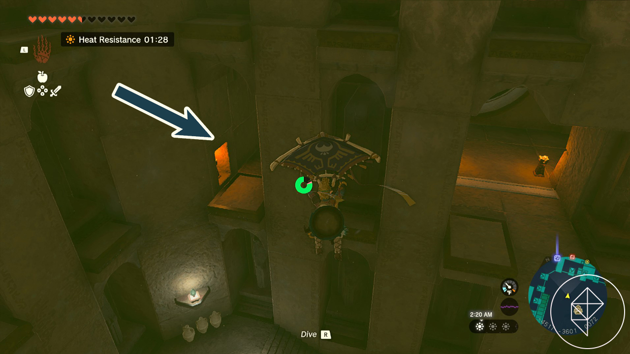 The Legend of Zelda: Tears of the Kingdom Link paragliding inside the Lightning Temple with an arrow pointing to your destination.