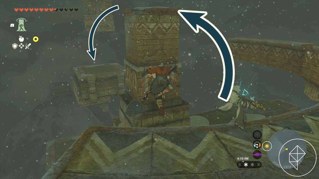 Link stands in front of a square stone platform that’s about double his height. An arrow indicates he should jump on top of it. A second arrow indicates he should jump from there to a smaller stone platform across a small gap.