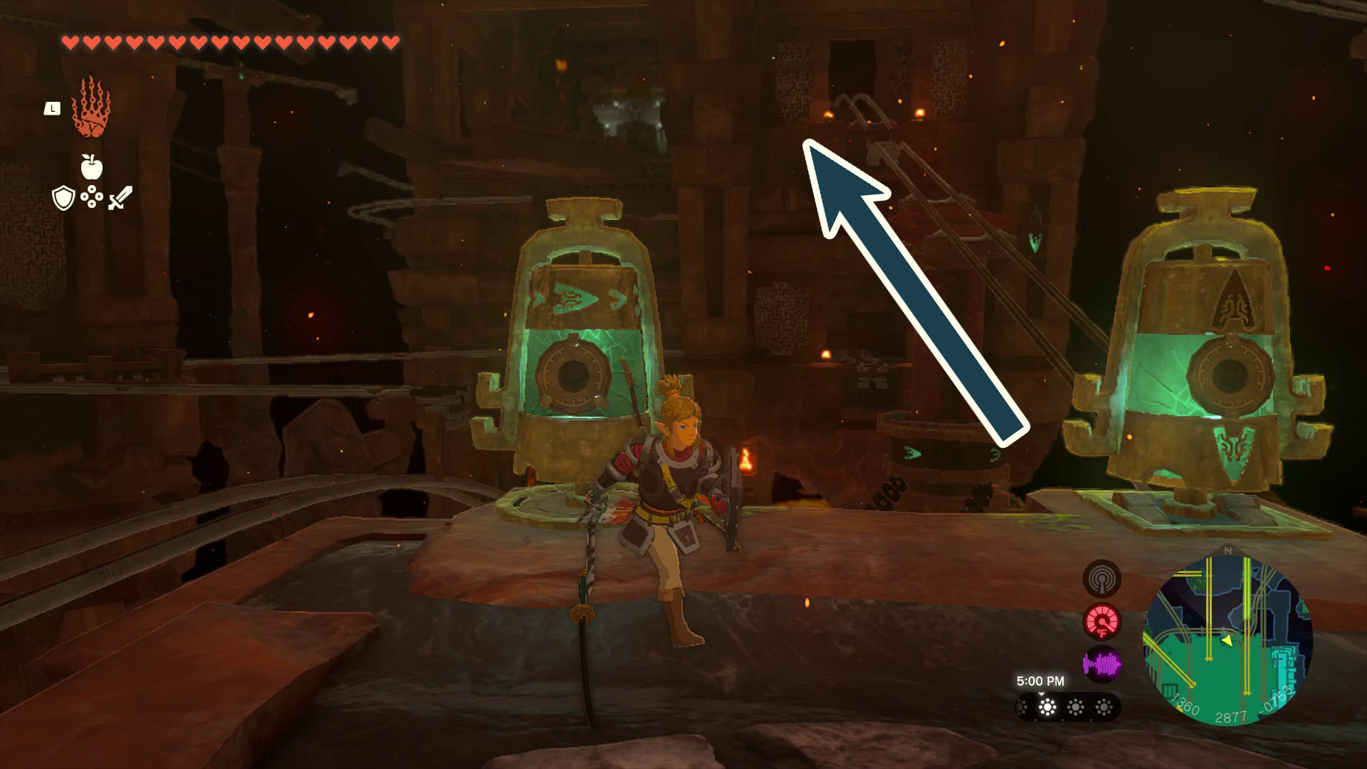 An arrow points a minecart track up and straight, going up a new floor in Tears of the Kingdom.