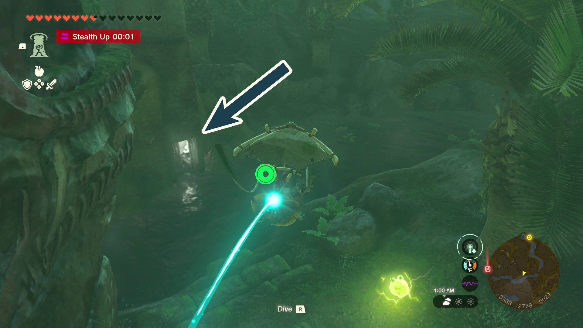 Link glides down from above in a jungle to a pointed-out and lit up doorway in Tears of the Kingdom. The doorway is surrounded by greenery, vines, and water