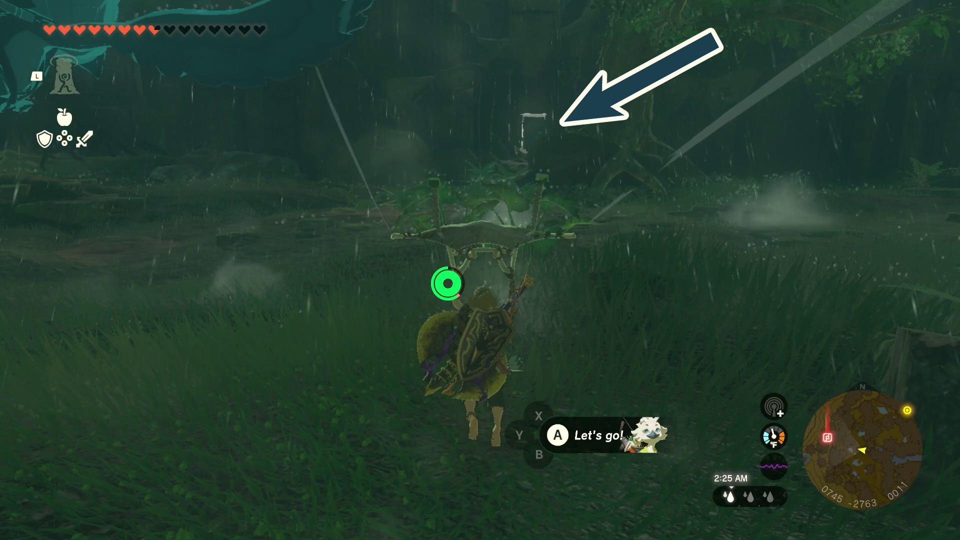 An arrow points to another far off doorway to some ruins, though the doorway is lit up in Tears of the Kingdom. Link glides down onto some tall grass to head over to the entrance.