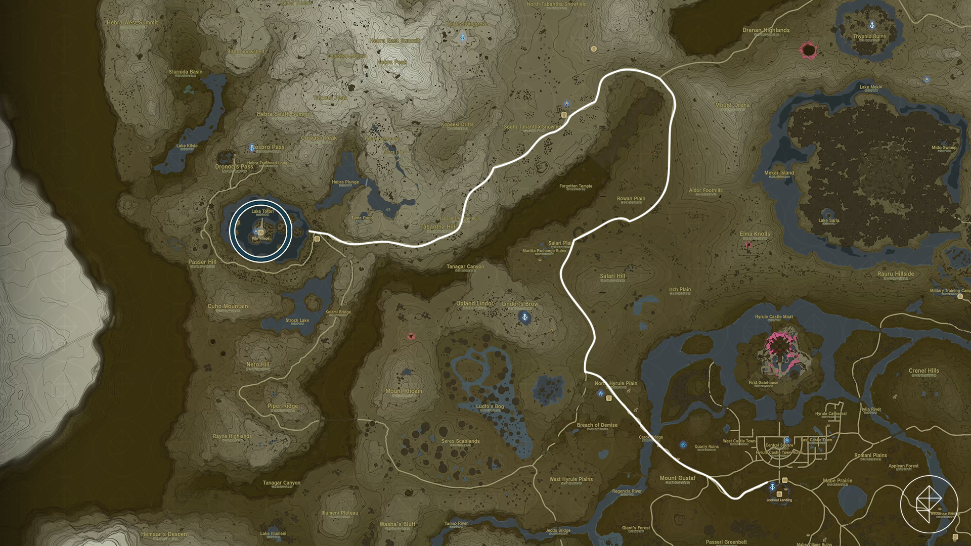 A map showing a roundabout path to get to Rito Village in Tears of the Kingdom, from Lookout Landing, if players just want to follow a road.