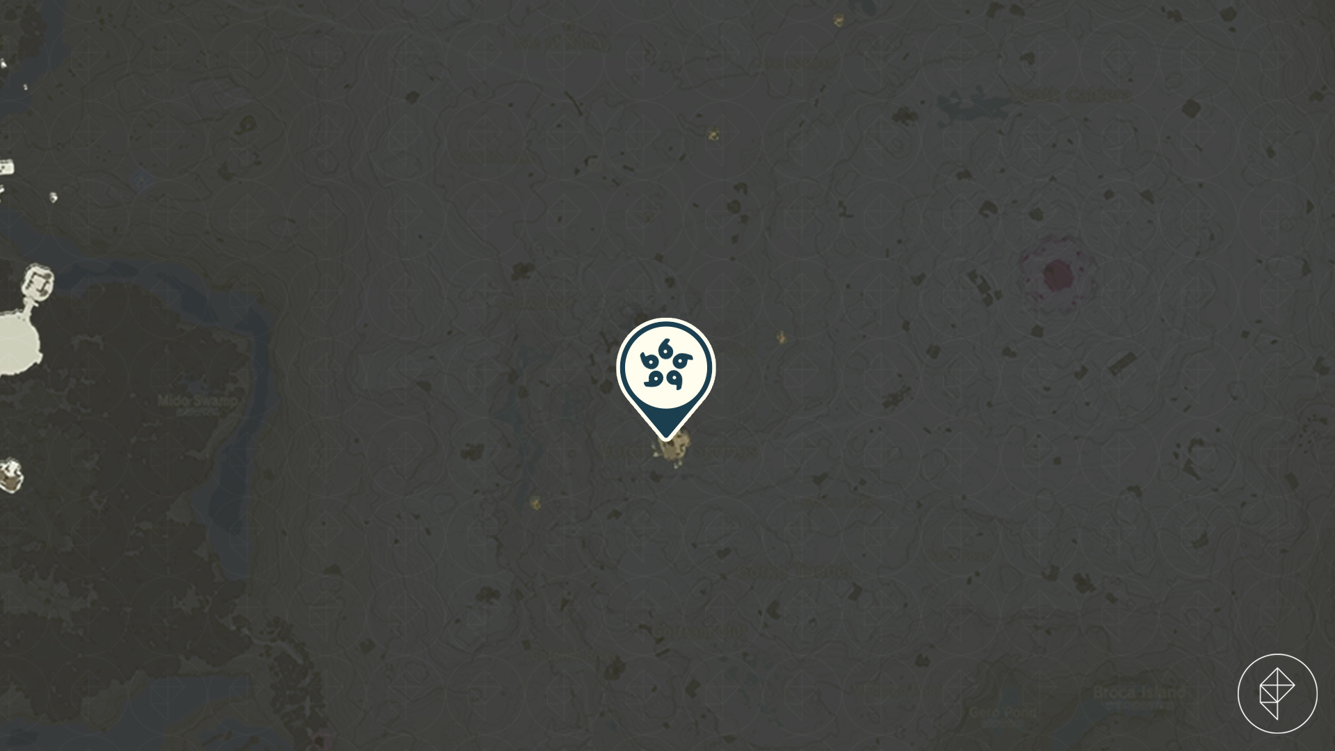 A marker points to a very small secluded island in Tears of the Kingdom above the Eldin region
