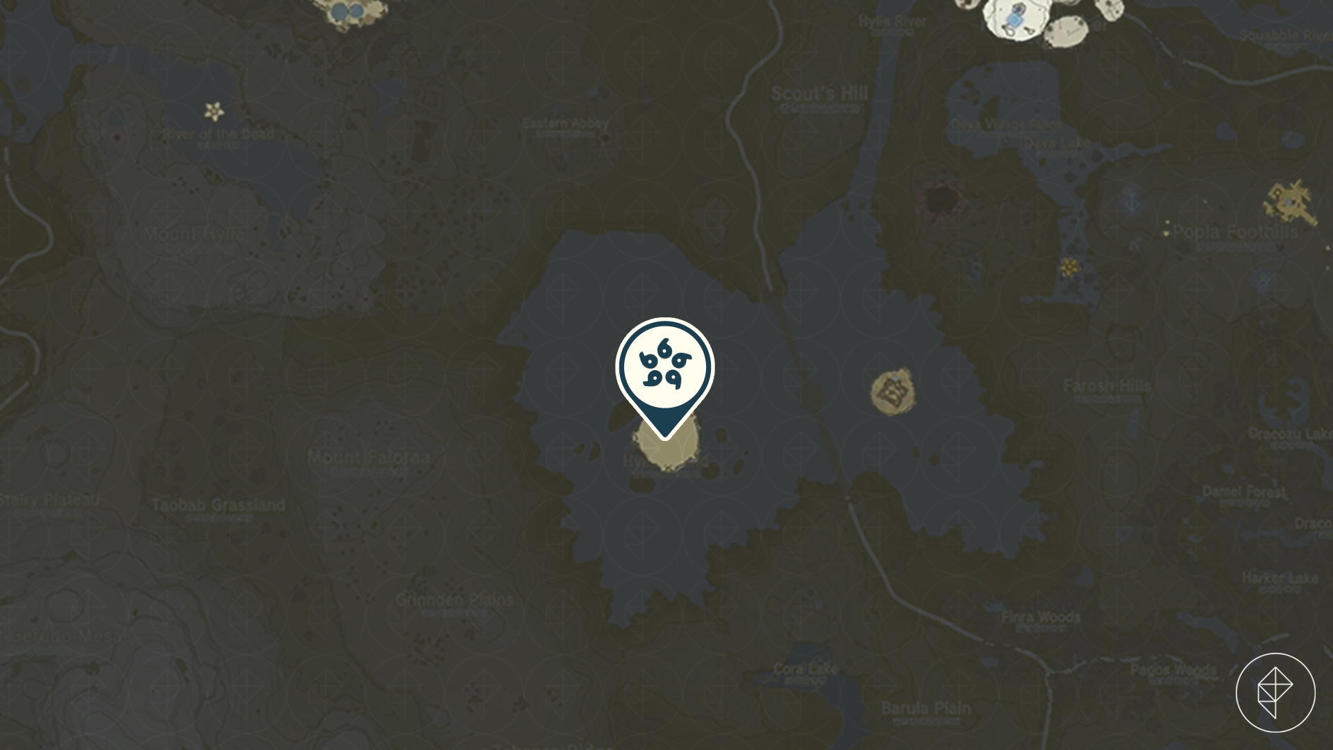 A large arena-shaped island with a marker on it in Tears of the Kingdom above a large lake in Faron