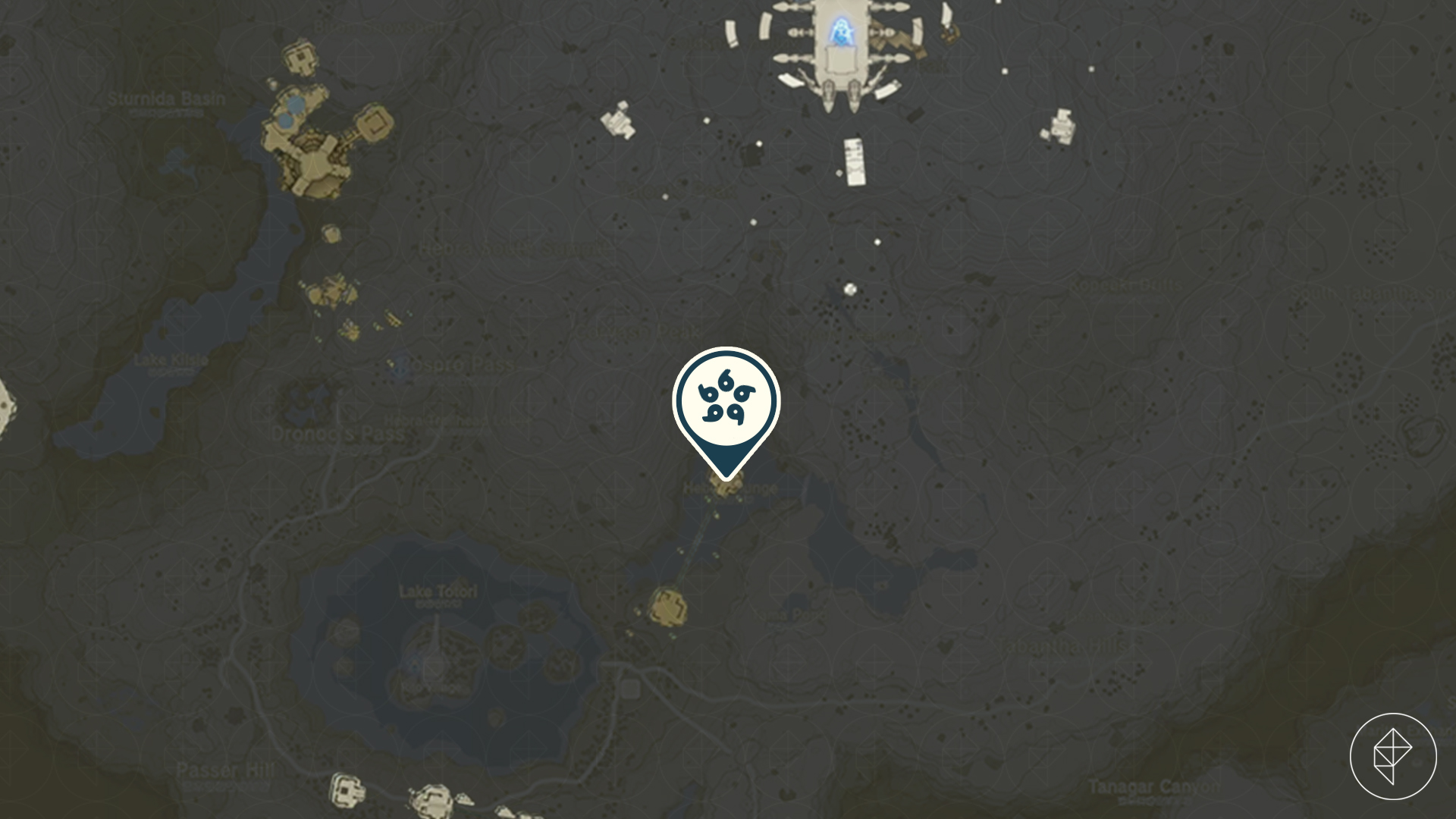 A map marker pointing out two small connected islands south of the Wind Temple in Tears of the Kingdom