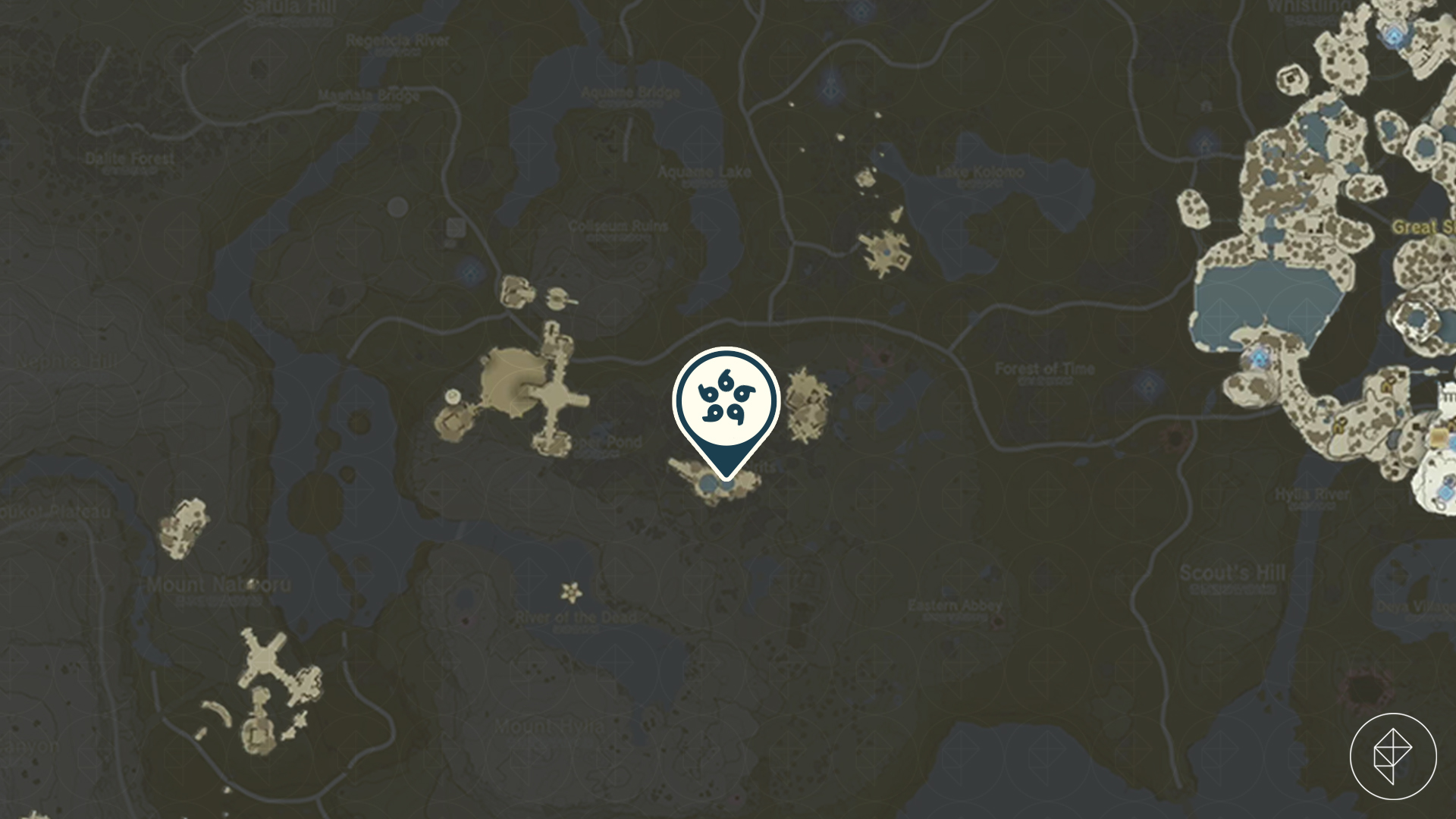A map showing the South Hyrule sky islands, with a marker over a small island with two ponds.