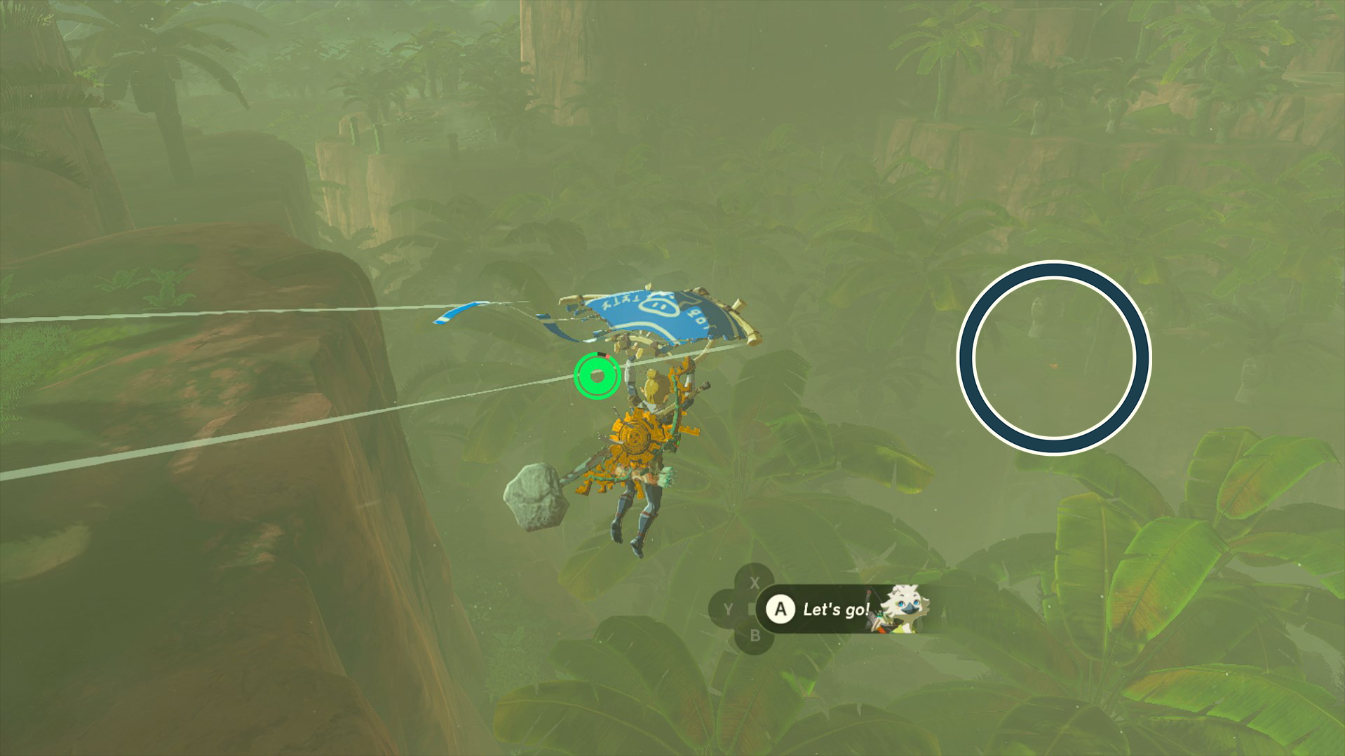 Link flies towards a faint campfire in the Akkala region in Tears of the Kingdom.