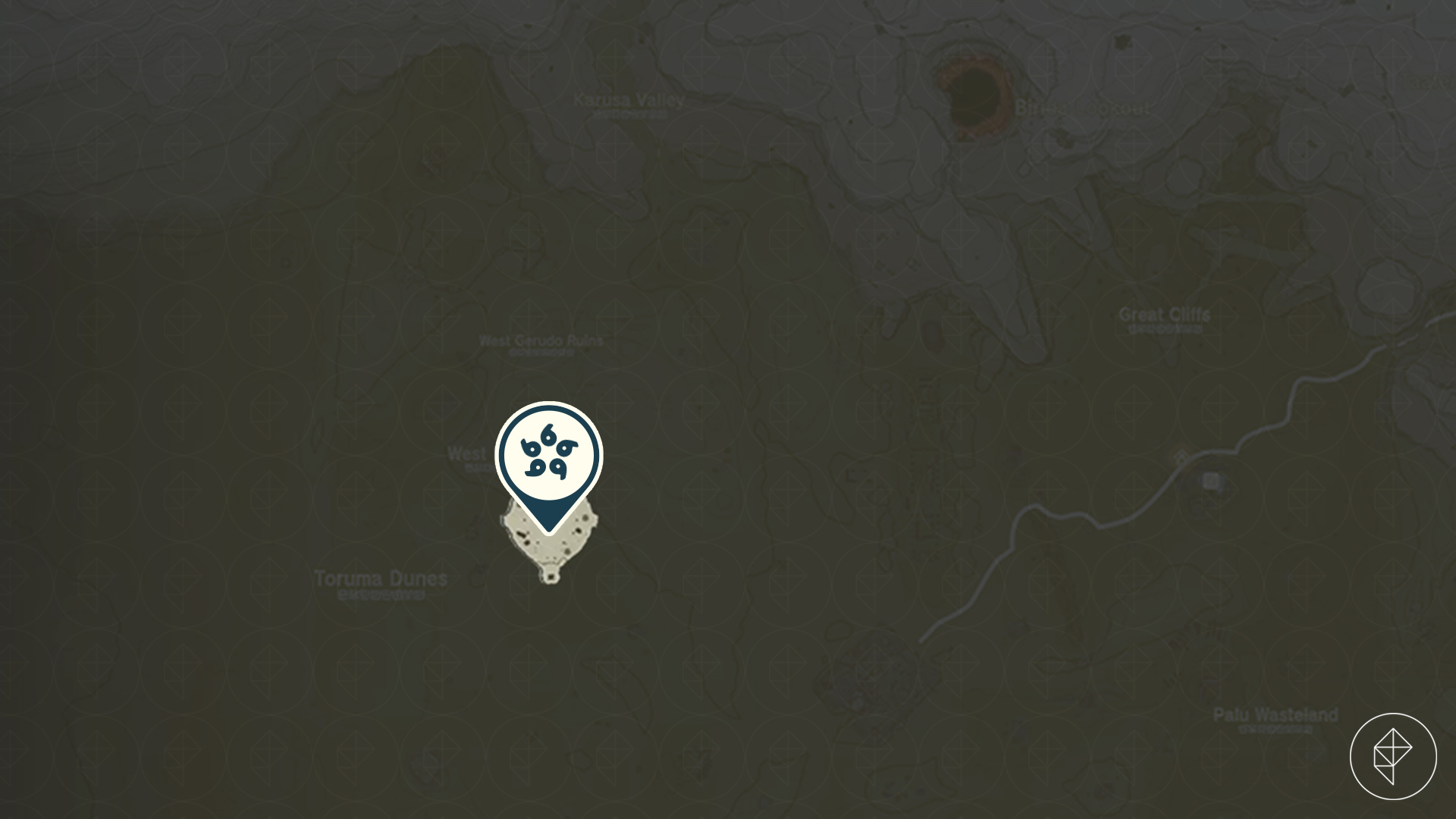 A map marker points out a secluded arena island above the Gerudo Desert in Tears of the Kingdom.