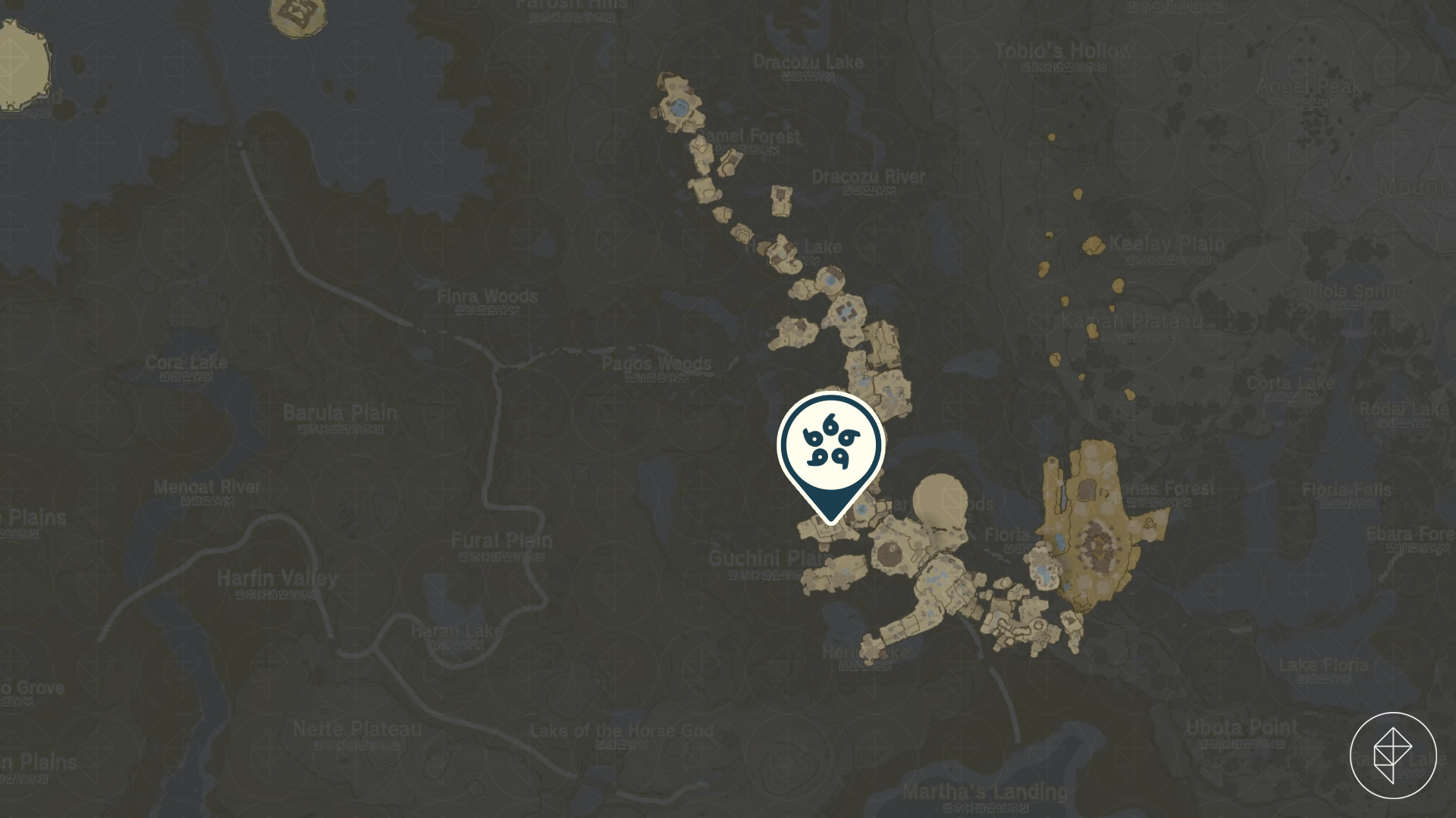A map shows a marker on one of the “spines” of a dragon-shaped island in Tears of the Kingdom.