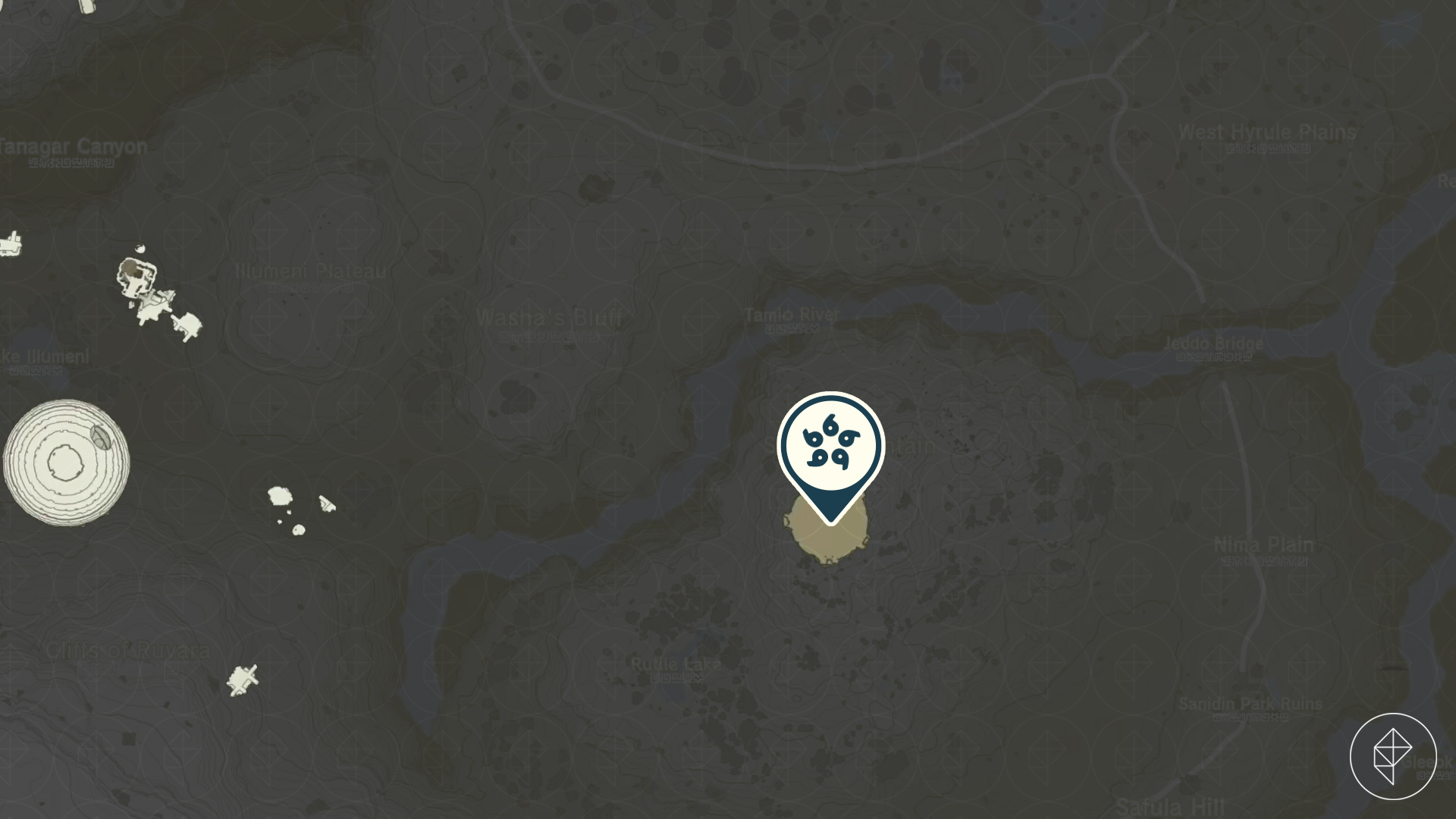 A map marker points out a round arena island in the sky above the mountains in Tears of the Kingdom.