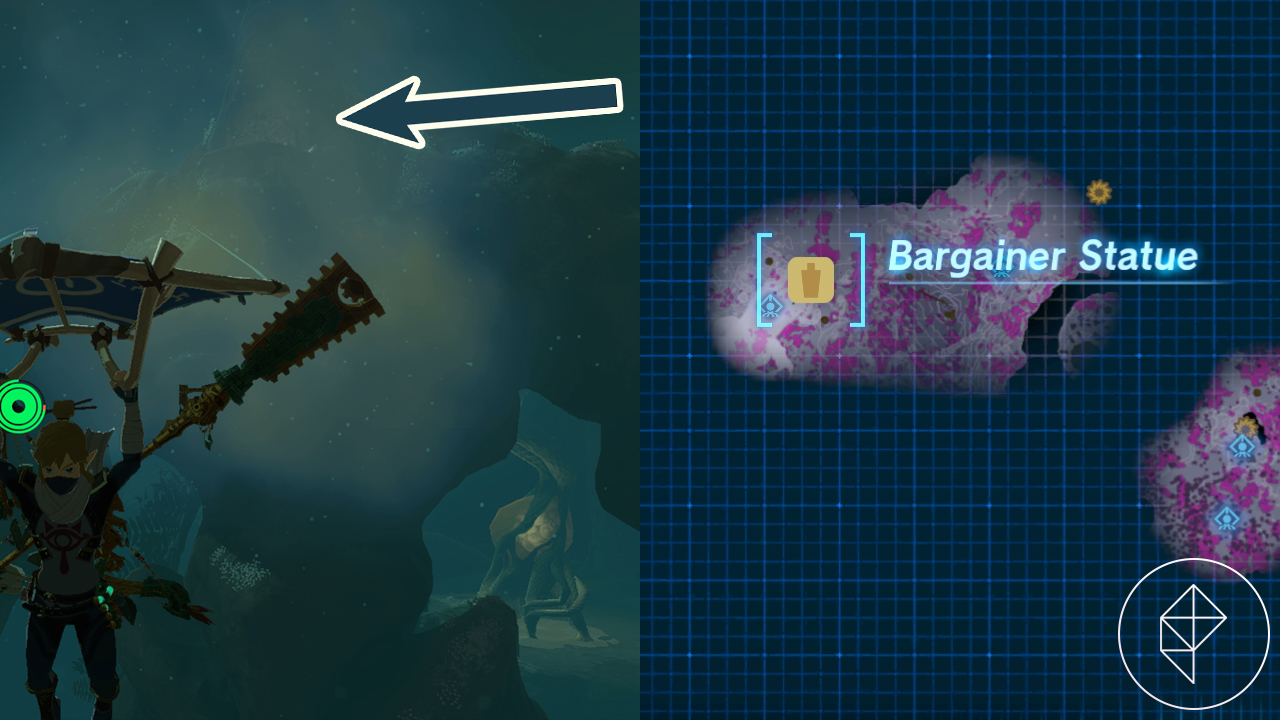 Faintly through some misty clouds, you can see the silhouette of a big bargainer statue near a lightroot in Tears of the Kingdom.