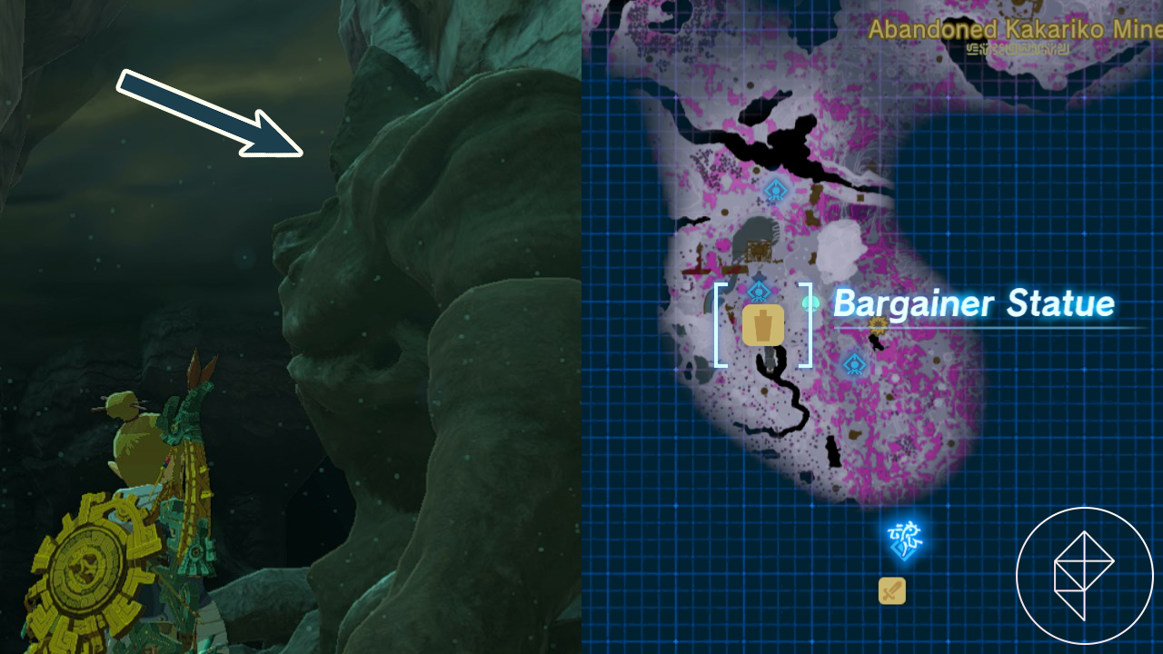 An arrow points to the head of a huge, buff bargainer statue found in the Depths in Tears of the Kingdom.