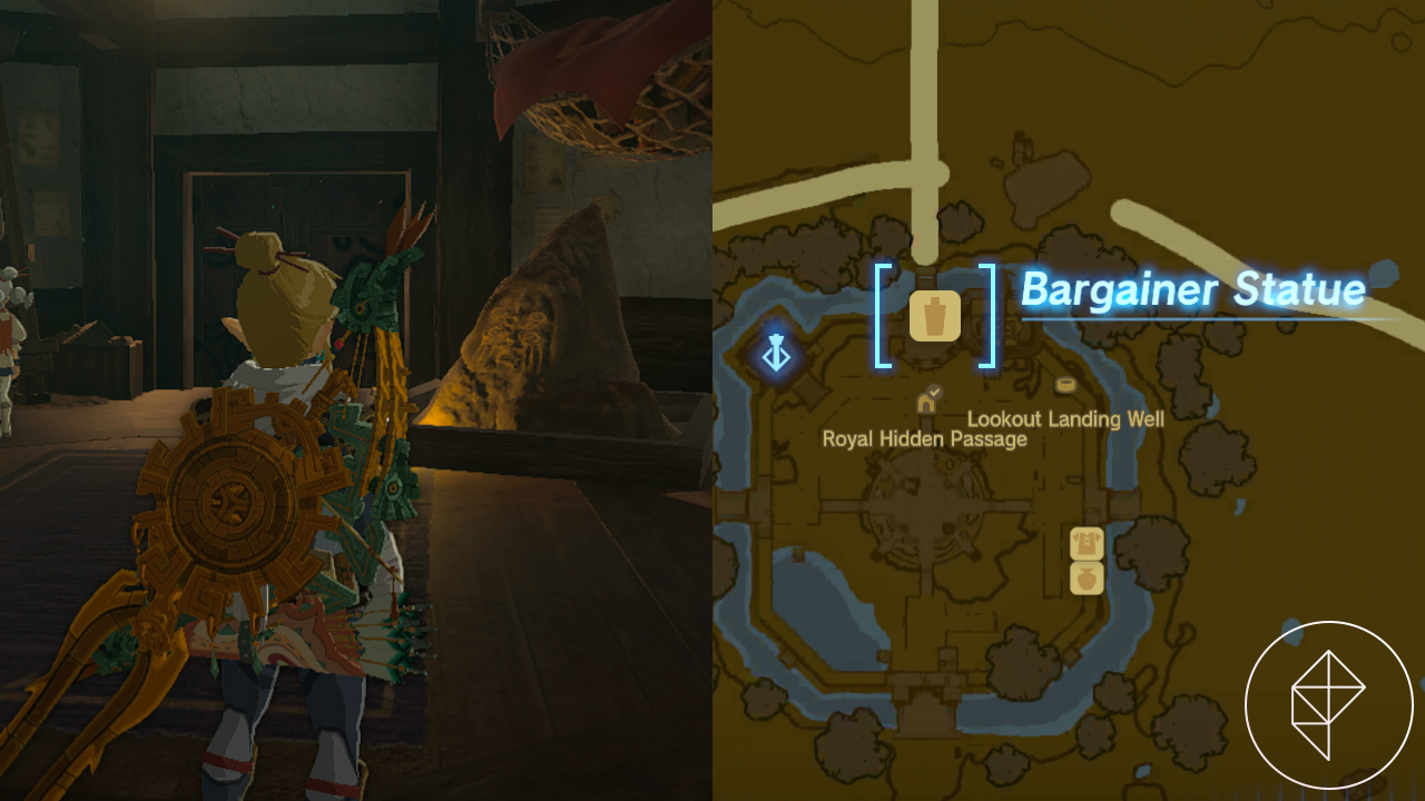 A sliced image showing Link beside the tiny bargainer statue in Lookout Landing next to a map showing where it is on the map, marked by a vase in Tears of the Kingdom