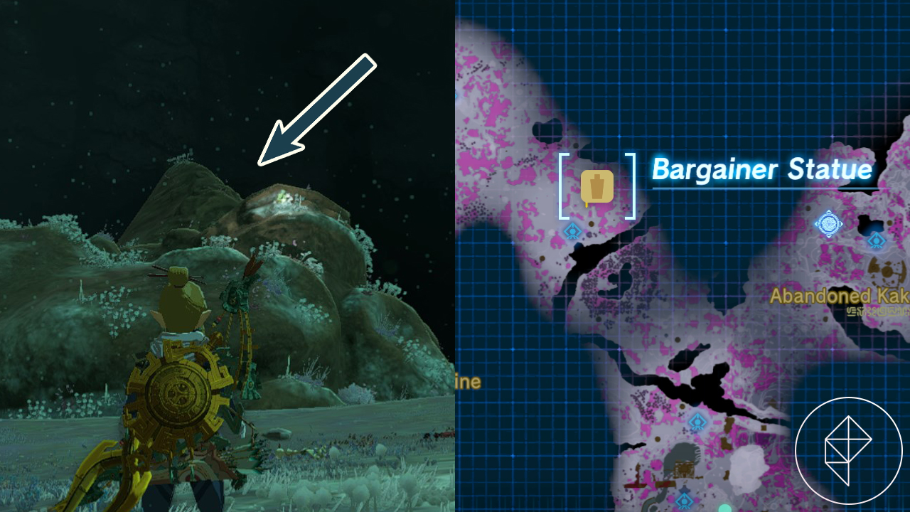 An arrow points at a rotated, mostly-buried bargainer statue in the Depths, with the right side of the image showing where it is to the west of the Abandoned Kakariko Mine in Tears of the Kingdom