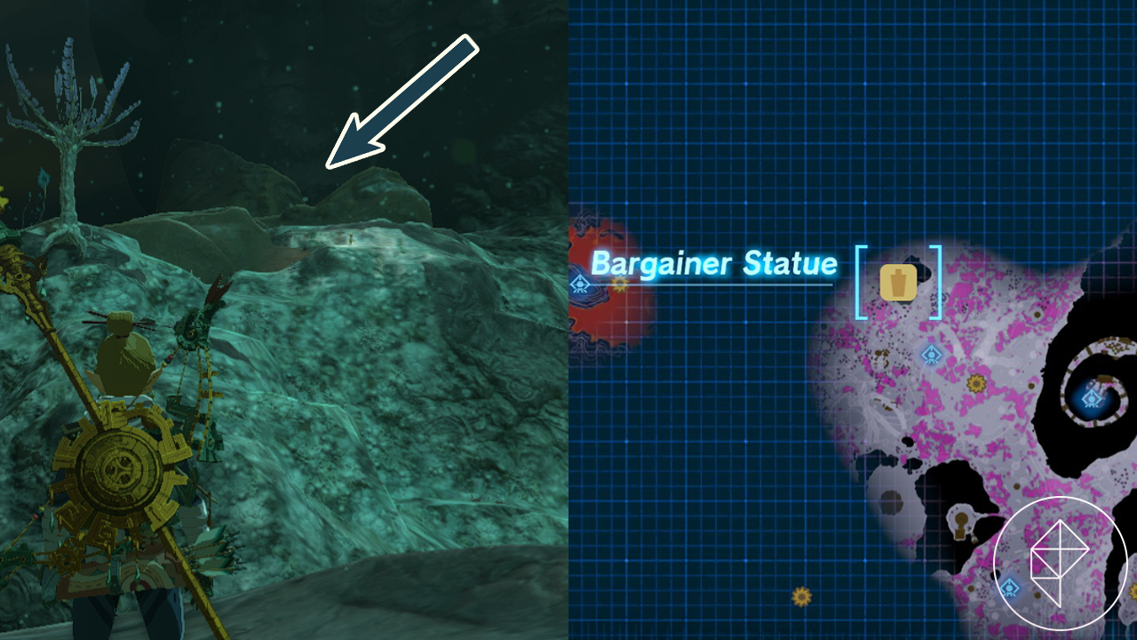 An arrow points to a slightly rotated and mostly-buried bargainer statue to the west of the Fire Temple lava area in Tears of the Kingdom’s Depths.