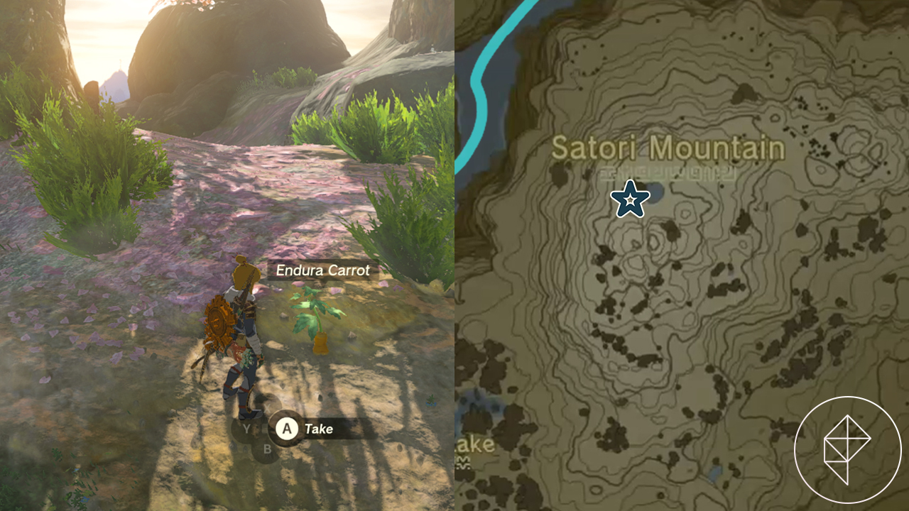 An endura carrot sticks out of the ground in front of a cherry blossom tree in Tears of the Kingdom. A map on the right points out where to find this tree on Satori Mountain