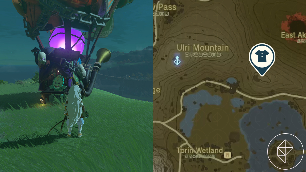 A map shows where Koltin’s stall is near the Ulri Mountain Skyview Tower, with Link wearing the Mystic outfit in Tears of the Kingdom.