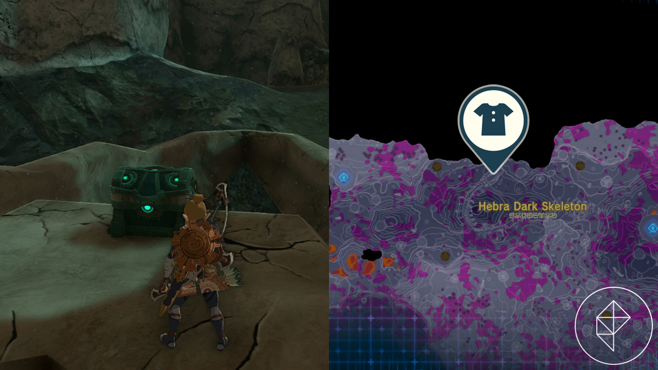 Link stands in front of a closed green Zonai chest in the Hebra Dark Skeleton’s skull in Tears of the Kingdom