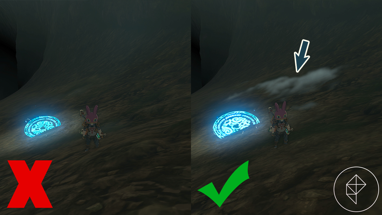 Link stands in a dark cave with a purple bunny hat in Tears of the Kingdom. The left side shows him standing too far, so there’s no fog. The right side shows him standing with fog around him, indicating that he is far enough.