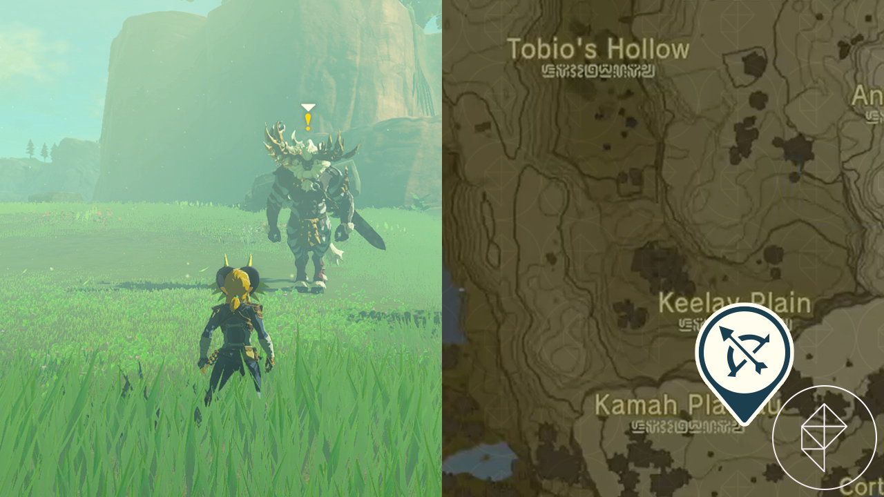 Link approaches a silver-maned Lynel in Tears of the Kingdom in Kamah Plateau