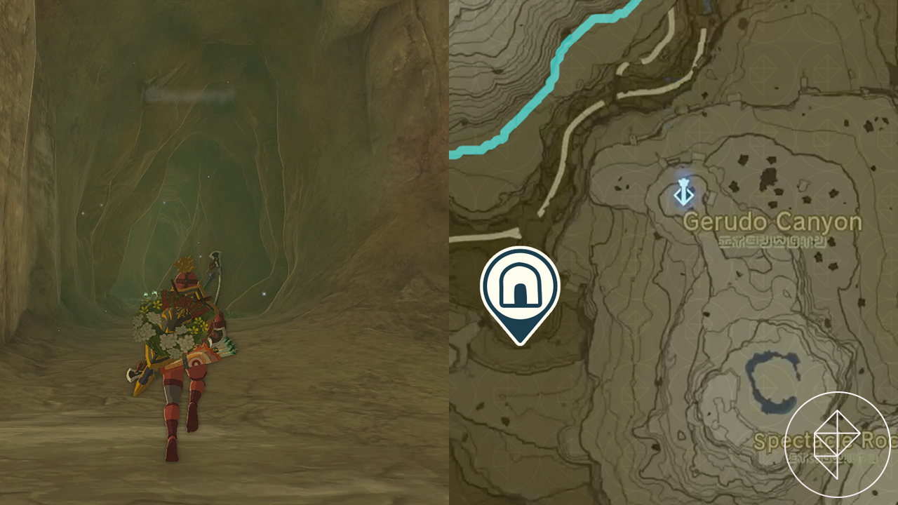 Link in full Yiga Clan Armor runs down a cave in Tears of the Kingdom to the west of Gerudo Canyon