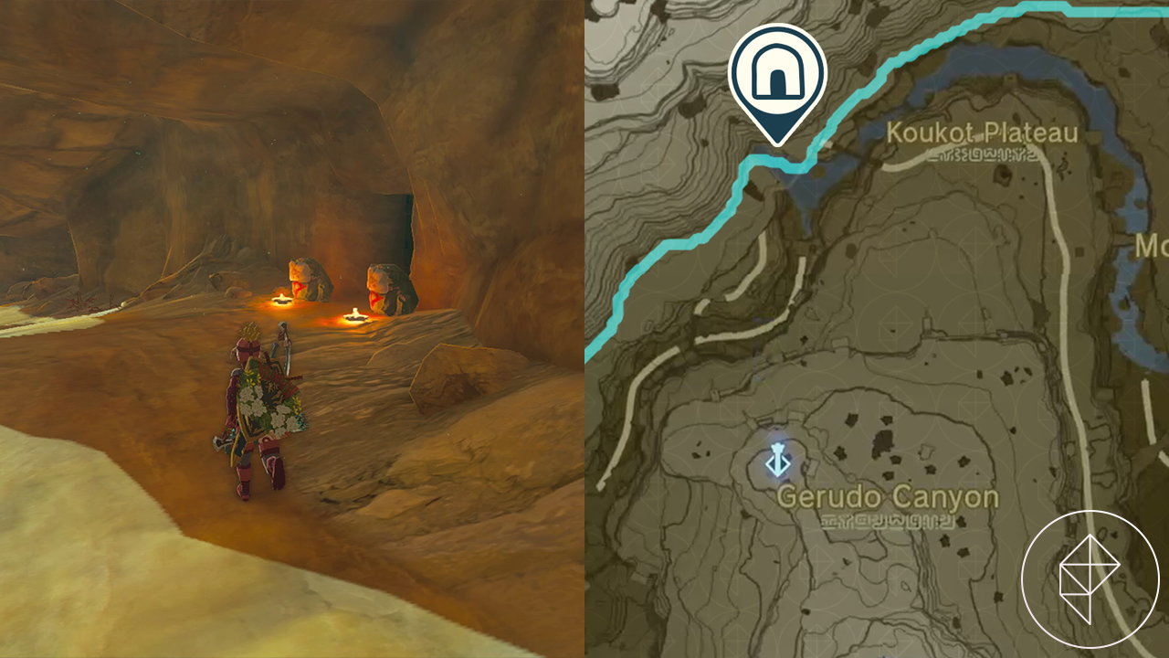Link in Yiga Clan Armor approaches some Yiga Clan statues with torches in front of a door in the Gerudo Highlands