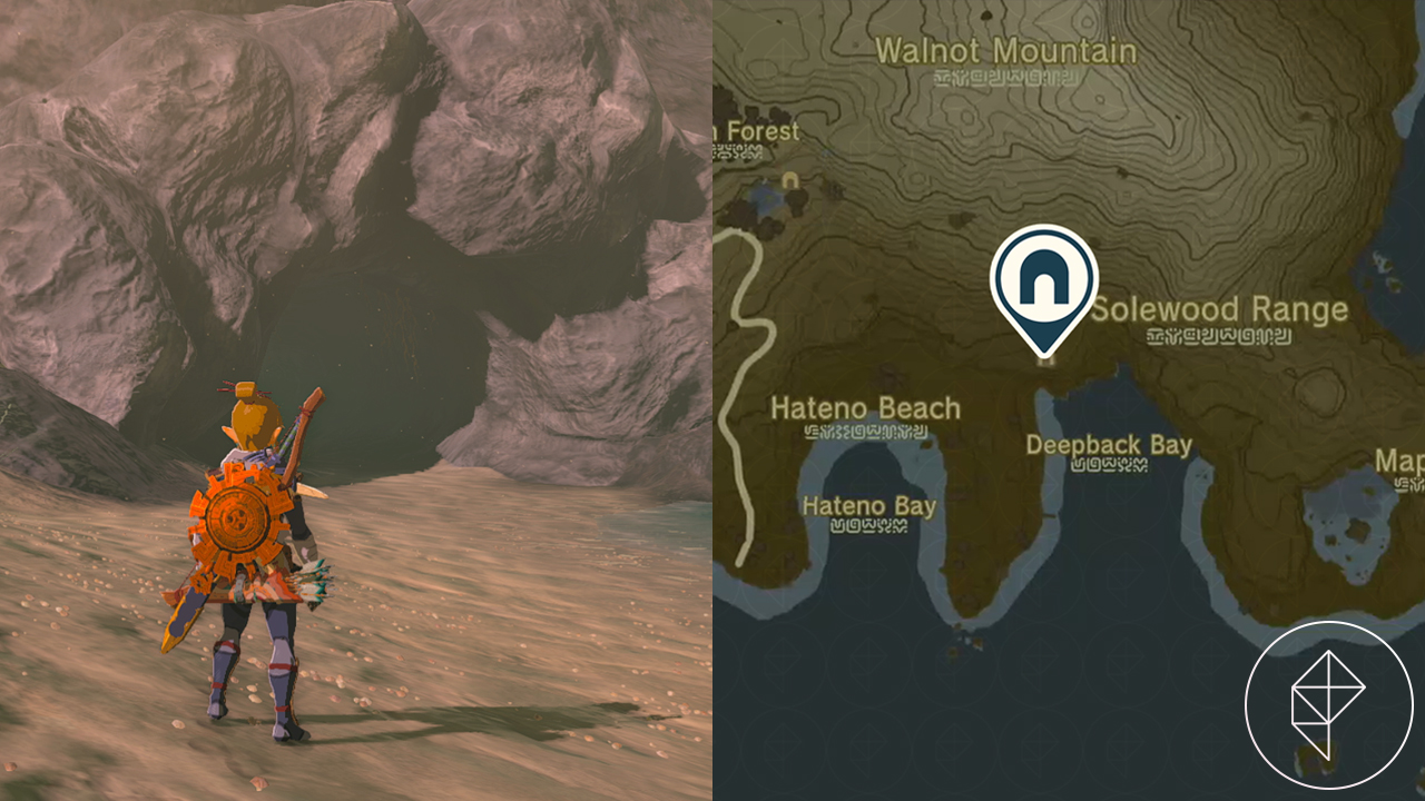 Link stands in front of a cave entrance on the beach in Tears of the Kingdom