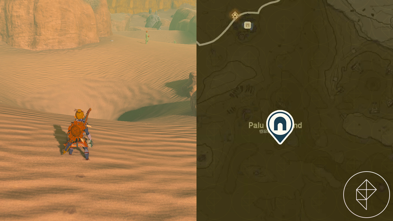 Link stands in front of a quicksand funnel in Gerudo Desert in Tears of the Kingdom