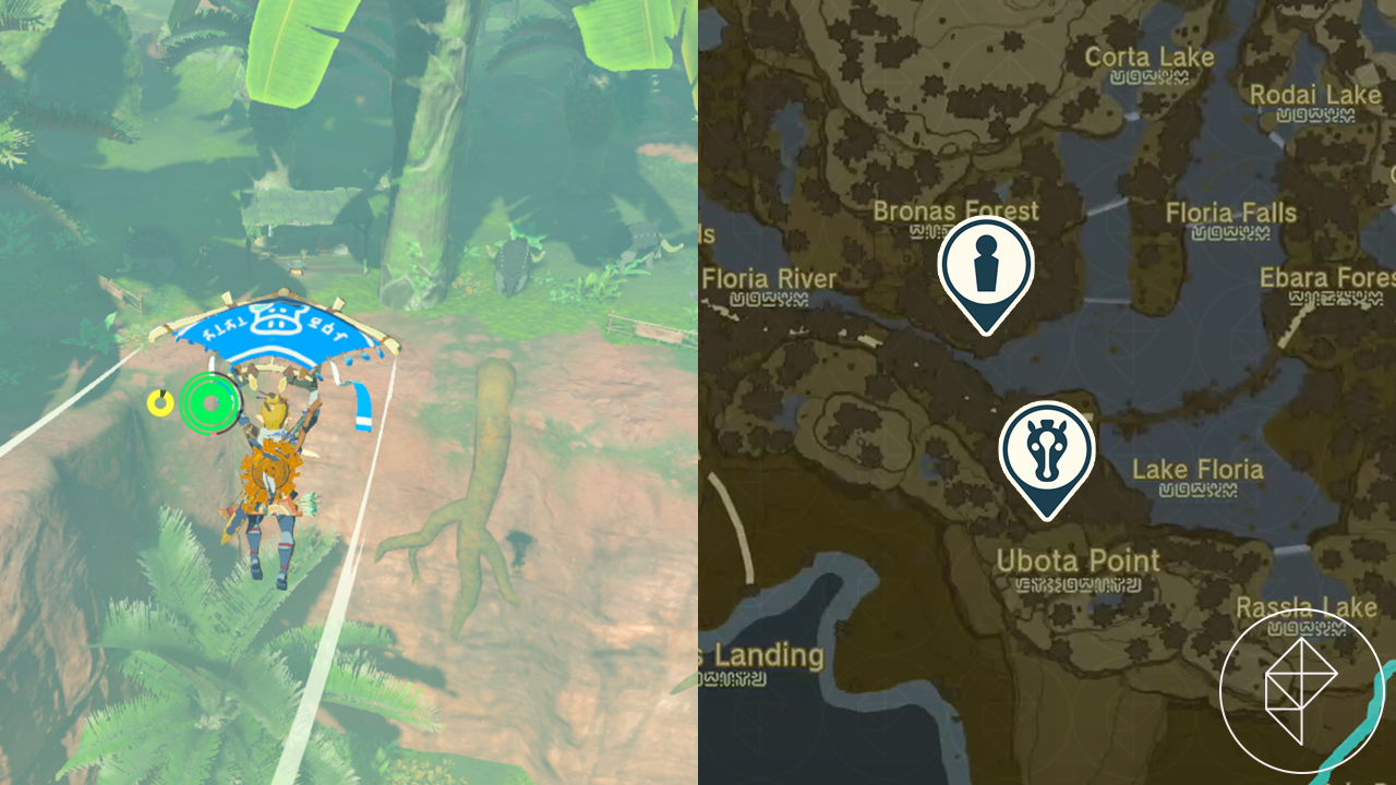 A map showing a stable’s location in relation to dondons, as Link glides down towards them in Tears of the Kingdom